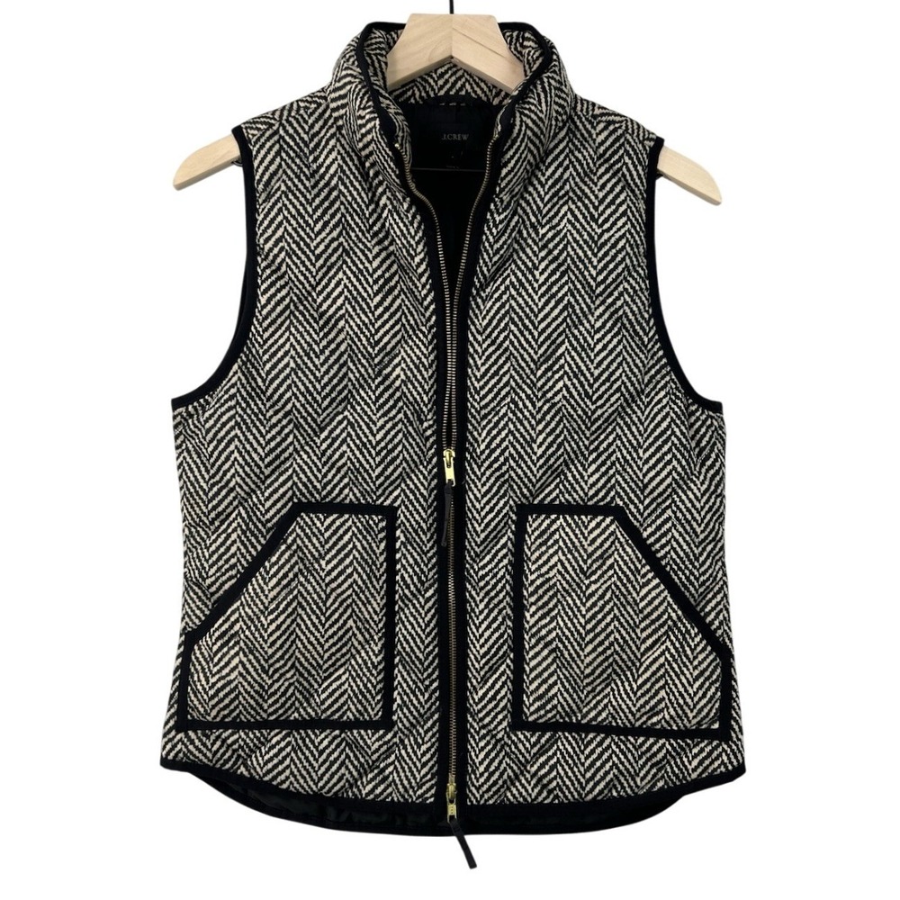 J Crew Womens Down Vest Small Herringbone Black Cream Zip Puffer